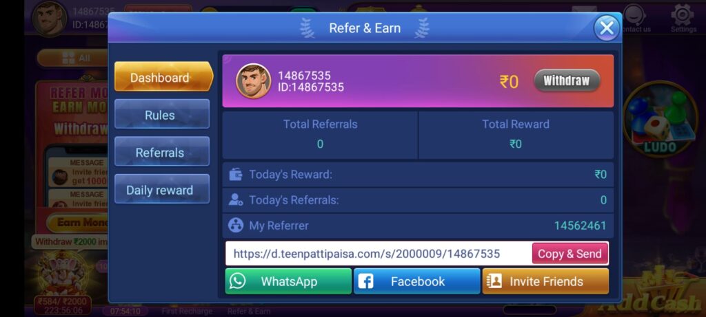 Refer & Earn In Teen Patti Bazaar App